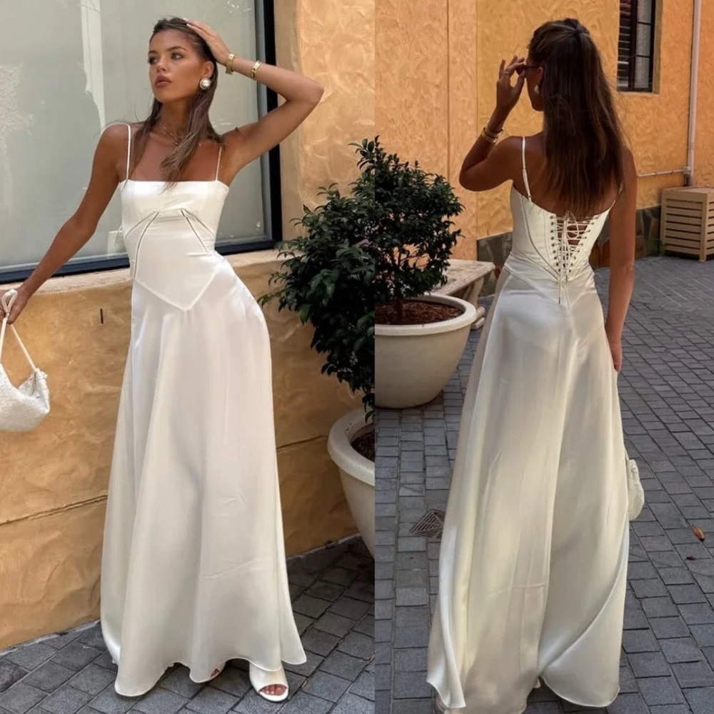 House of CB L A-C 'Anabella' Ivory Satin Lace Up Maxi‎ Dress NWOT - Picture 4 of 15